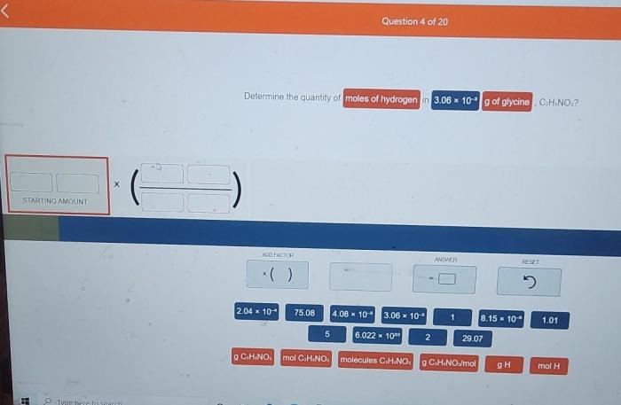 Determine the quantity of moles of hydrogen in 3.06